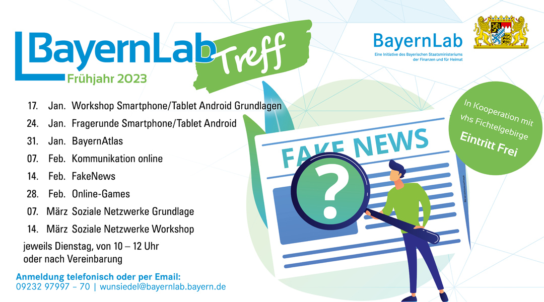 Grafik mit Terminen zum BayernLabTreff:
am 17.Januar geht es mit einem Smartphone Workshop für Android für Einsteiger los.